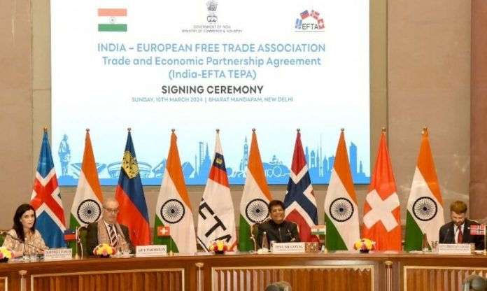India and the four-member European trade bloc EFTA, including Norway and Switzerland, signed a $100-billion free trade agreement on