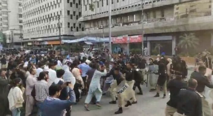 Police clash with crowd protesting killing of Dr Shahnawaz outside Karachi Press Club