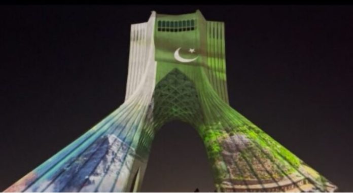 Tehran's Azadi Tower lights up in green and white ahead of Pakistan Day