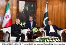 Pakistan, Iran vow to deepen bilateral ties, regional peace In a meeting with President Asif Ali Zardari on Tuesday, Iranian President Masoud Pezeshkian lauded Pakistan’s constructive contribution to Iran-US dialogue and reaffirmed Tehran's commitment to strengthening bilateral ties and regional peace. President Pezeshkian landed in Islamabad earlier today on a day-long visit following Islamabad-mediated talks between Tehran and Washington in Switzerland. The trip — Pezeshkian's first foreign visit since the United States and Israel launched strikes on Iran on February 28 — comes a day after Pakistan and Qatar announced that the opening round of high-level US-Iran talks in Burgenstock, Switzerland, had produced a 60-day roadmap towards a final agreement. The Iranian president arrived on a special aircraft operated by Mirage Airlines, identified as Minab 168 — a symbolic tribute to the 168 children who were martyred in an attack on their school by the United States and Israel in Iran's Minab city. Given a red carpet welcome with a guard of honour, the Iranian president was welcomed by Prime Minister Shehbaz Sharif, President Asif Ali Zardari, and other top leadership, while Iranian Foreign Minister Abbas Araghchi was also present. This is Dr Pezeshkian's second visit to Pakistan in his capacity as president of Iran. During his meeting with President Zardari, Pezeshkian discussed bilateral relations, mainly regional peace and security, bilateral and regional connectivity, economic cooperation and other issues of mutual interest, the President House said in a statement. The Iranian president was accompanied by Foreign Minister Seyed Abbas Araghchi, Chief of the President's Office Mohsen Haji Mirzaei, Minister of Interior Eskandar Momeni, Chief of Political Affairs of President's Office Saeed Abbas Mousavi, and Iranian Ambassador to Pakistan Reza Amiri Moghaddam. From the Pakistani side, Deputy Prime Minister and Foreign Minister Senator Mohammad Ishaq Dar and former foreign minister and Pakistan Peoples Party (PPP) Chairman Bilawal Bhutto Zardari, Interior Minister Mohsin Naqvi, State Minister for Interior Talal Chaudhry, Senate Chief Whip Senator Saleem Mandviwala and Dr Asim Hussain were present during the meeting. President Zardari welcomed President Pezeshkian on his first state visit to Pakistan after the recent conflict and noted that the visit reflects the longstanding brotherly relations between the two countries and a desire to stay together in good and bad times. He congratulated President Pezeshkian on the signing of the Islamabad Memorandum of Understanding and expressed the hope that the ongoing technical-level negotiations would culminate in permanent peace in the region. The president reaffirmed Pakistan's principled support for Iran's peace, stability, national unity, sovereignty and territorial integrity. He stated that Pakistan has consistently opposed one-sided initiatives and has supported dialogue and diplomacy as the means to achieve a durable and sustainable solution to regional and global challenges. He also underscored Islamabad's commitment to preserving the unity of the Muslim Ummah while maintaining strong fraternal relations with the countries of the Gulf region. President Zardari once again expressed condolences on the martyrdom of Iranian Supreme Leader Ali Hosseini Khamenei and said that Pakistan would participate in his funeral. Pezeshkian thanked Pakistan for its positive and constructive efforts in support of peace and dialogue and appreciated the support extended by Pakistan during recent challenging circumstances. He said Iran attaches great importance to its relations with Pakistan and looks forward to further expanding cooperation in political, economic, security and regional matters. President Zardari requested President Pezeshkian to convey his warm regards to Iranian Supreme Leader Ayatollah Seyed Mojtaba Hosseini Khamenei. CDF Munir calls on President Pezeshkian Chief of Defence Forces (CDF) and Chief of Army Staff (COAS) Field Marshal Syed Asim Munir called on Iranian President Pezeshkian during which views on regional developments and peace initiatives were exchanged, Inter-Services Public Relations (ISPR) said. Chief of Defence Forces (CDF) and Chief of Army Staff (COAS) Field Marshal Syed Asim Munir called on Iranian President Pezeshkian on June 23, 2026. — ISPR. Chief of Defence Forces (CDF) and Chief of Army Staff (COAS) Field Marshal Syed Asim Munir called on Iranian President Pezeshkian on June 23, 2026. — ISPR. The Iranian president appreciated Pakistan's constructive and responsible role in promoting dialogue, de-escalation, and regional stability. He acknowledged Islamabad's consistent efforts to encourage peaceful resolution of disputes and foster understanding among regional stakeholders at a time of heightened geopolitical challenges. Field Marshal Munir reiterated Pakistan's unwavering commitment to peace and stability in the region. Both sides reaffirmed their commitment to further strengthening Pakistan-Iran relations and maintaining close consultations on issues of mutual interest, with the shared objective of advancing peace, prosperity and stability across the region.