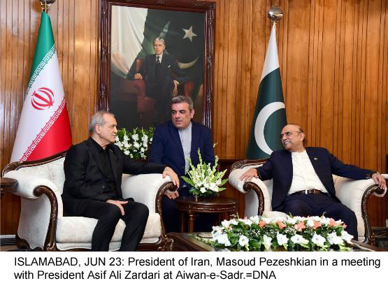 DNA 23-13 In a meeting with President Asif Ali Zardari on Tuesday, Iranian President Masoud Pezeshkian lauded Pakistan’s constructive contribution to Iran-US dialogue and reaffirmed Tehran's commitment to strengthening bilateral ties and regional peace. President Pezeshkian landed in Islamabad earlier today on a day-long visit following Islamabad-mediated talks between Tehran and Washington in Switzerland. The trip — Pezeshkian's first foreign visit since the United States and Israel launched strikes on Iran on February 28 — comes a day after Pakistan and Qatar announced that the opening round of high-level US-Iran talks in Burgenstock, Switzerland, had produced a 60-day roadmap towards a final agreement. The Iranian president arrived on a special aircraft operated by Mirage Airlines, identified as Minab 168 — a symbolic tribute to the 168 children who were martyred in an attack on their school by the United States and Israel in Iran's Minab city. Given a red carpet welcome with a guard of honour, the Iranian president was welcomed by Prime Minister Shehbaz Sharif, President Asif Ali Zardari, and other top leadership, while Iranian Foreign Minister Abbas Araghchi was also present. This is Dr Pezeshkian's second visit to Pakistan in his capacity as president of Iran. During his meeting with President Zardari, Pezeshkian discussed bilateral relations, mainly regional peace and security, bilateral and regional connectivity, economic cooperation and other issues of mutual interest, the President House said in a statement. The Iranian president was accompanied by Foreign Minister Seyed Abbas Araghchi, Chief of the President's Office Mohsen Haji Mirzaei, Minister of Interior Eskandar Momeni, Chief of Political Affairs of President's Office Saeed Abbas Mousavi, and Iranian Ambassador to Pakistan Reza Amiri Moghaddam. From the Pakistani side, Deputy Prime Minister and Foreign Minister Senator Mohammad Ishaq Dar and former foreign minister and Pakistan Peoples Party (PPP) Chairman Bilawal Bhutto Zardari, Interior Minister Mohsin Naqvi, State Minister for Interior Talal Chaudhry, Senate Chief Whip Senator Saleem Mandviwala and Dr Asim Hussain were present during the meeting. President Zardari welcomed President Pezeshkian on his first state visit to Pakistan after the recent conflict and noted that the visit reflects the longstanding brotherly relations between the two countries and a desire to stay together in good and bad times. He congratulated President Pezeshkian on the signing of the Islamabad Memorandum of Understanding and expressed the hope that the ongoing technical-level negotiations would culminate in permanent peace in the region. The president reaffirmed Pakistan's principled support for Iran's peace, stability, national unity, sovereignty and territorial integrity. He stated that Pakistan has consistently opposed one-sided initiatives and has supported dialogue and diplomacy as the means to achieve a durable and sustainable solution to regional and global challenges. He also underscored Islamabad's commitment to preserving the unity of the Muslim Ummah while maintaining strong fraternal relations with the countries of the Gulf region. President Zardari once again expressed condolences on the martyrdom of Iranian Supreme Leader Ali Hosseini Khamenei and said that Pakistan would participate in his funeral. Pezeshkian thanked Pakistan for its positive and constructive efforts in support of peace and dialogue and appreciated the support extended by Pakistan during recent challenging circumstances. He said Iran attaches great importance to its relations with Pakistan and looks forward to further expanding cooperation in political, economic, security and regional matters. President Zardari requested President Pezeshkian to convey his warm regards to Iranian Supreme Leader Ayatollah Seyed Mojtaba Hosseini Khamenei. CDF Munir calls on President Pezeshkian Chief of Defence Forces (CDF) and Chief of Army Staff (COAS) Field Marshal Syed Asim Munir called on Iranian President Pezeshkian during which views on regional developments and peace initiatives were exchanged, Inter-Services Public Relations (ISPR) said. Chief of Defence Forces (CDF) and Chief of Army Staff (COAS) Field Marshal Syed Asim Munir called on Iranian President Pezeshkian on June 23, 2026. — ISPR. Chief of Defence Forces (CDF) and Chief of Army Staff (COAS) Field Marshal Syed Asim Munir called on Iranian President Pezeshkian on June 23, 2026. — ISPR. The Iranian president appreciated Pakistan's constructive and responsible role in promoting dialogue, de-escalation, and regional stability. He acknowledged Islamabad's consistent efforts to encourage peaceful resolution of disputes and foster understanding among regional stakeholders at a time of heightened geopolitical challenges. Field Marshal Munir reiterated Pakistan's unwavering commitment to peace and stability in the region. Both sides reaffirmed their commitment to further strengthening Pakistan-Iran relations and maintaining close consultations on issues of mutual interest, with the shared objective of advancing peace, prosperity and stability across the region.